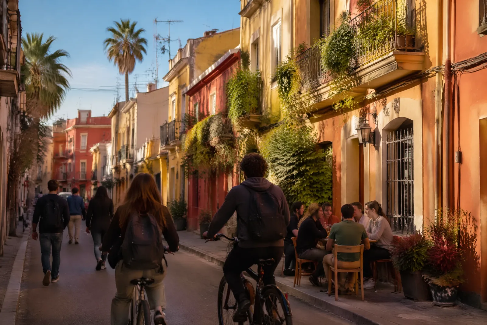 Una calle colorida de Benimaclet, Valencia, con estudiantes pasando en bici