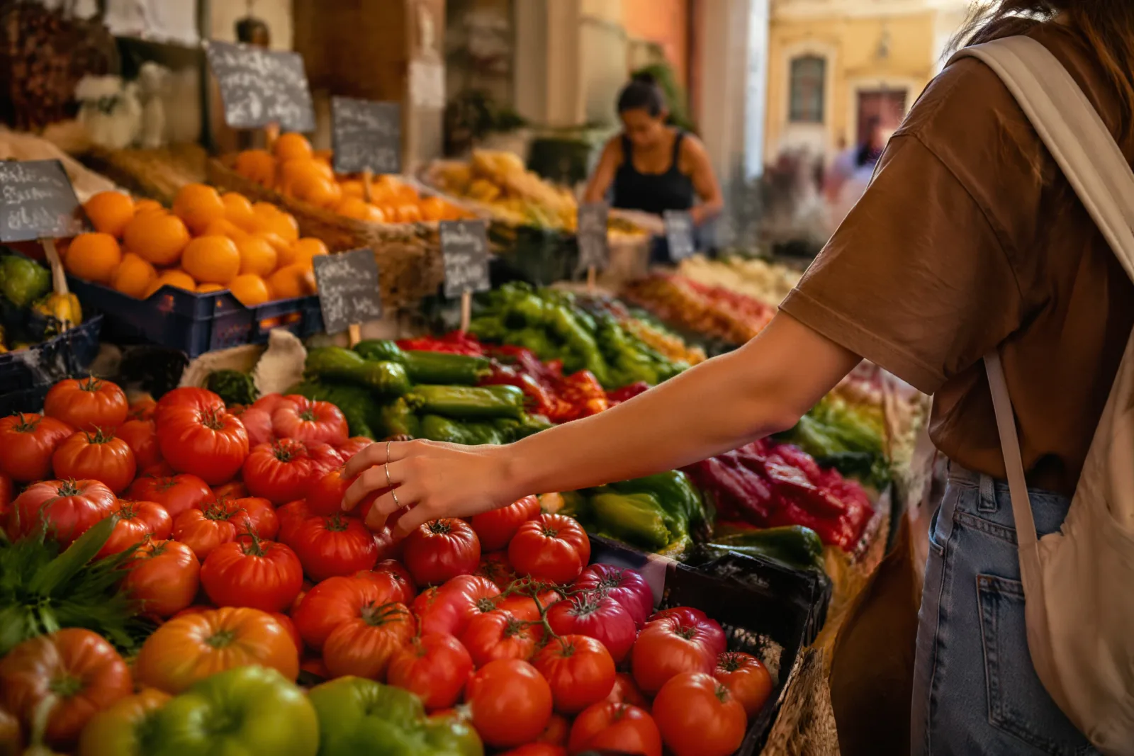 Un puesto de mercado de barrio con producto fresco en Valencia