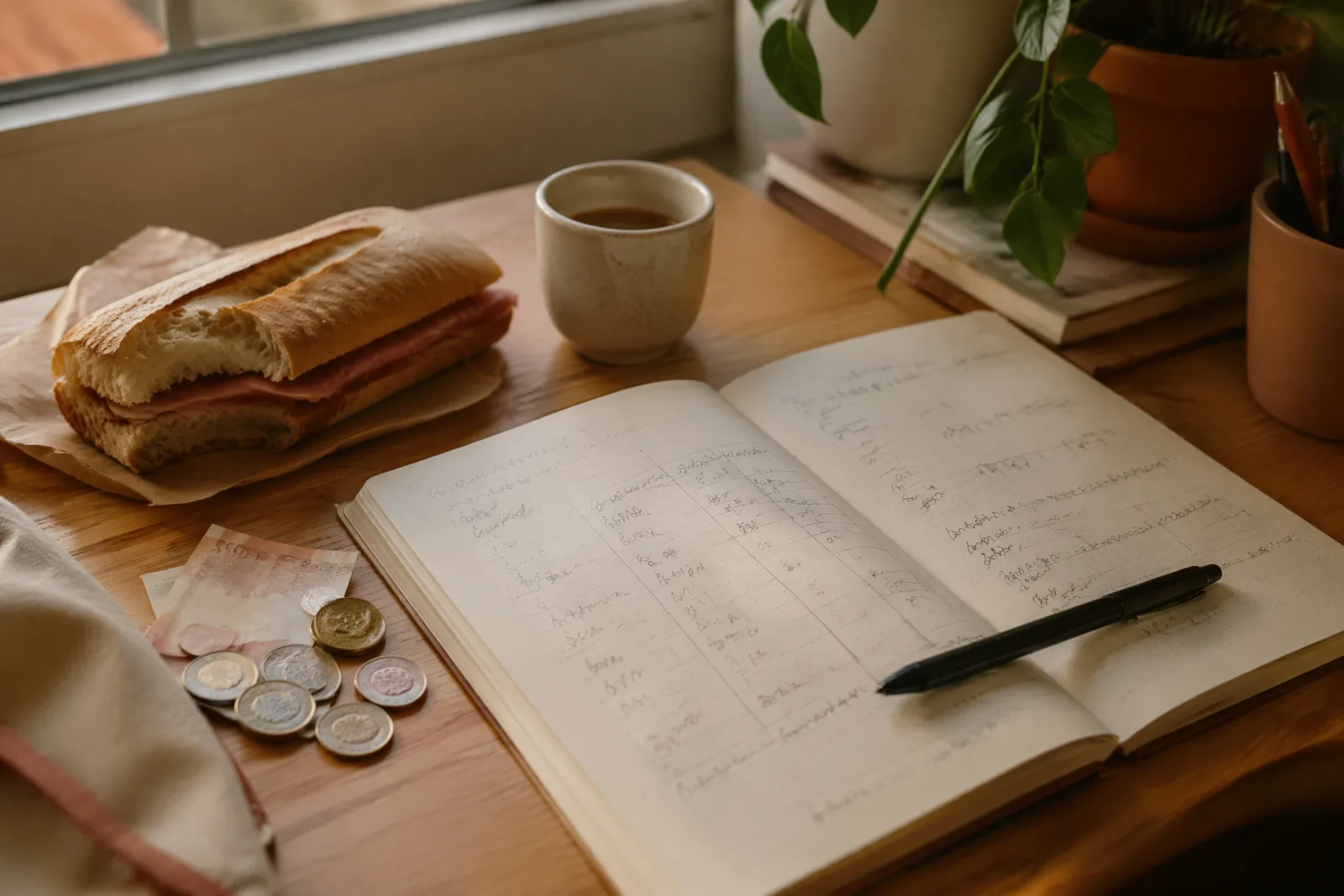 Un escritorio de estudiante en Valencia con un cuaderno, un bocadillo y monedas sueltas para controlar el gasto mensual