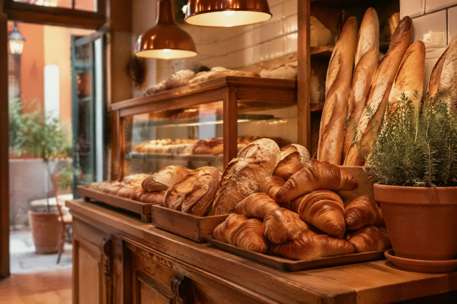 A French-owned artisan bakery counter with fresh croissants in Valencia