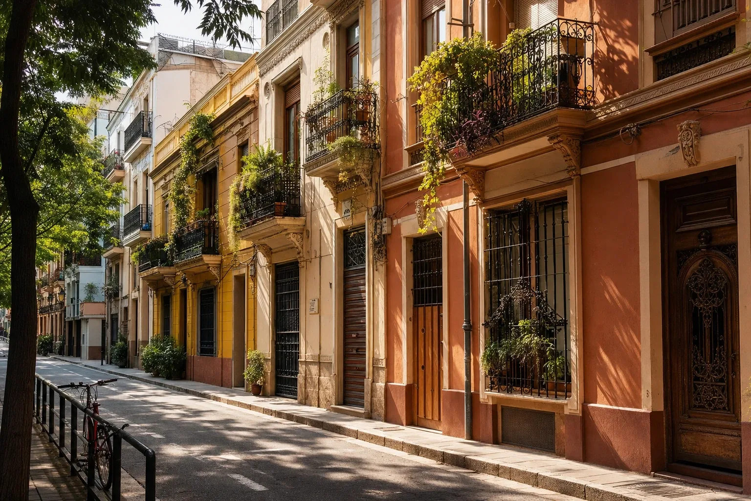 An ornate apartment building on a street in Ruzafa, Valencia