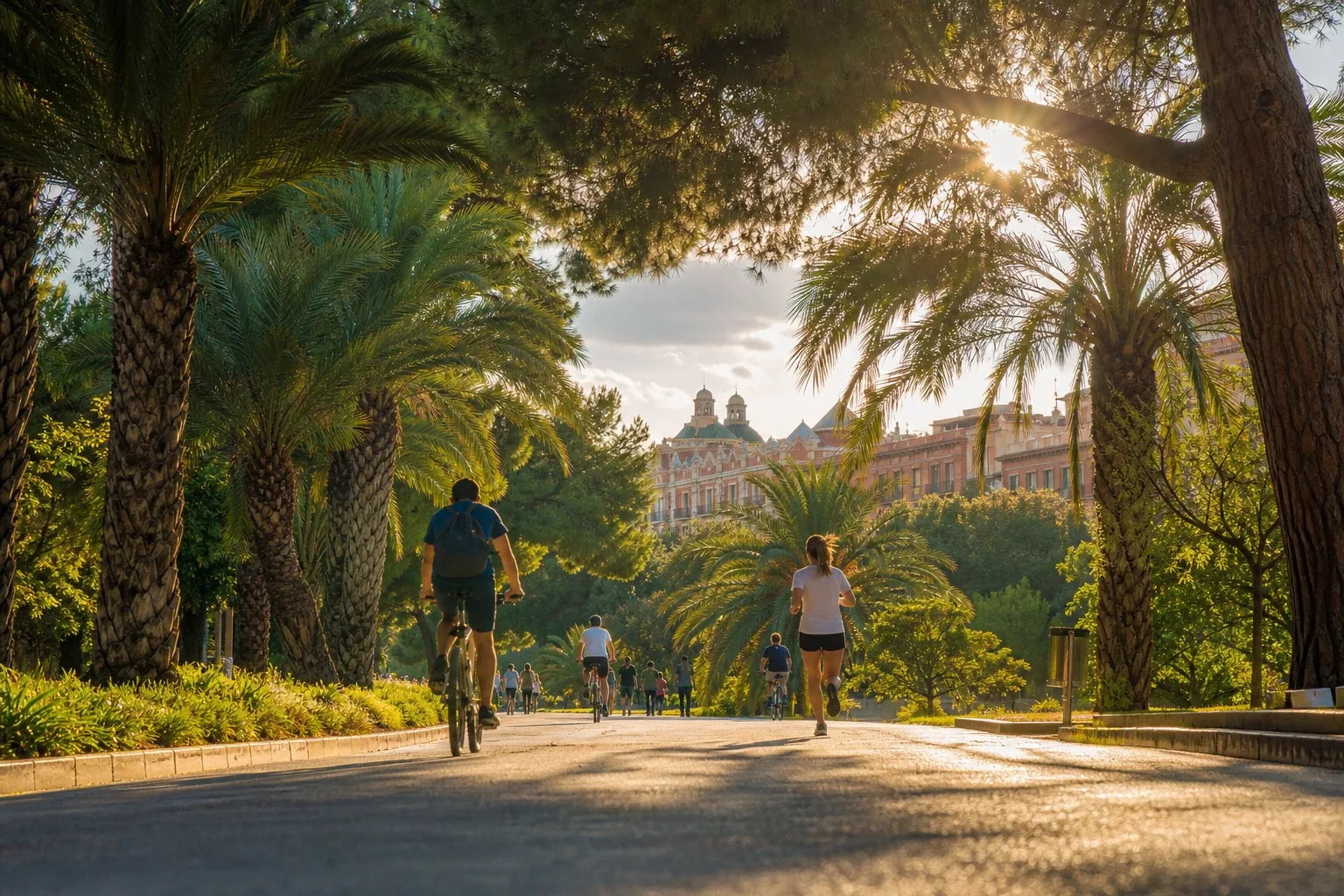 Cyclists riding through the Turia Gardens in Valencia at golden hour