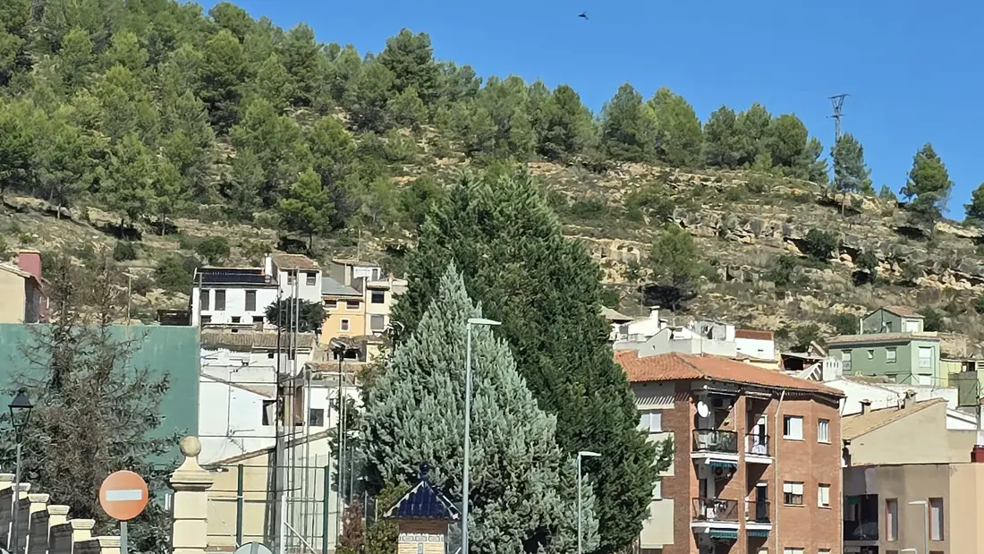 Les maisons de Gaibiel accrochées à la colline couverte de pins, au-dessus de la route d'entrée du village