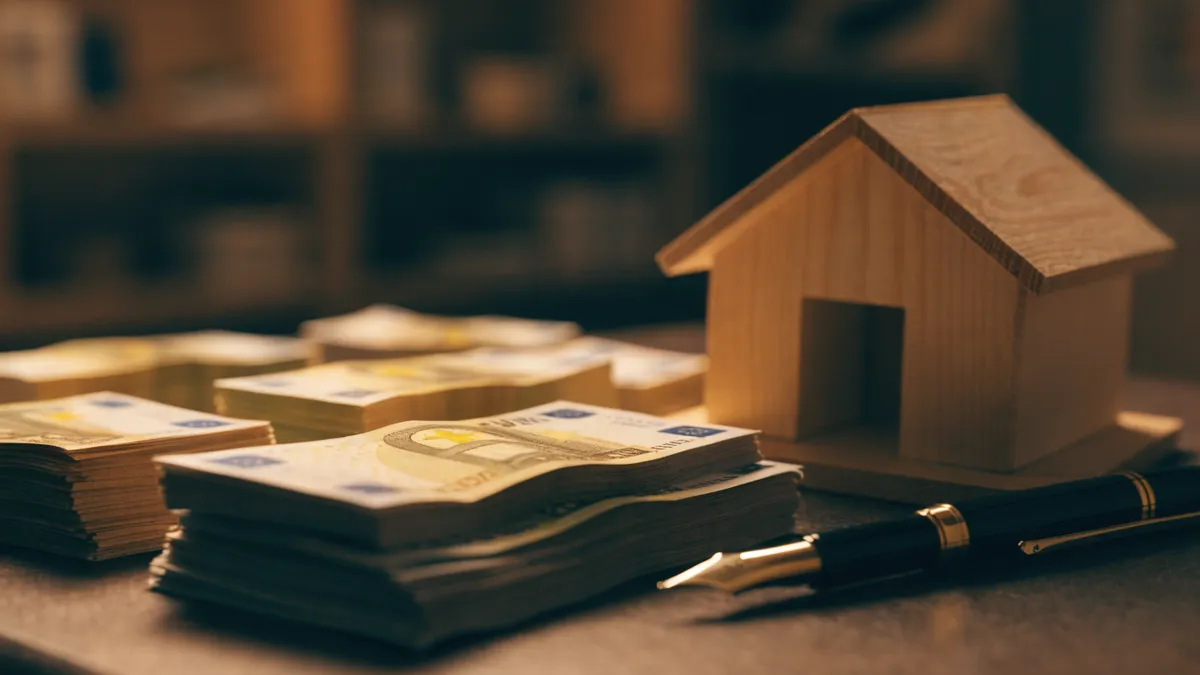 Euro banknotes beside a small house model