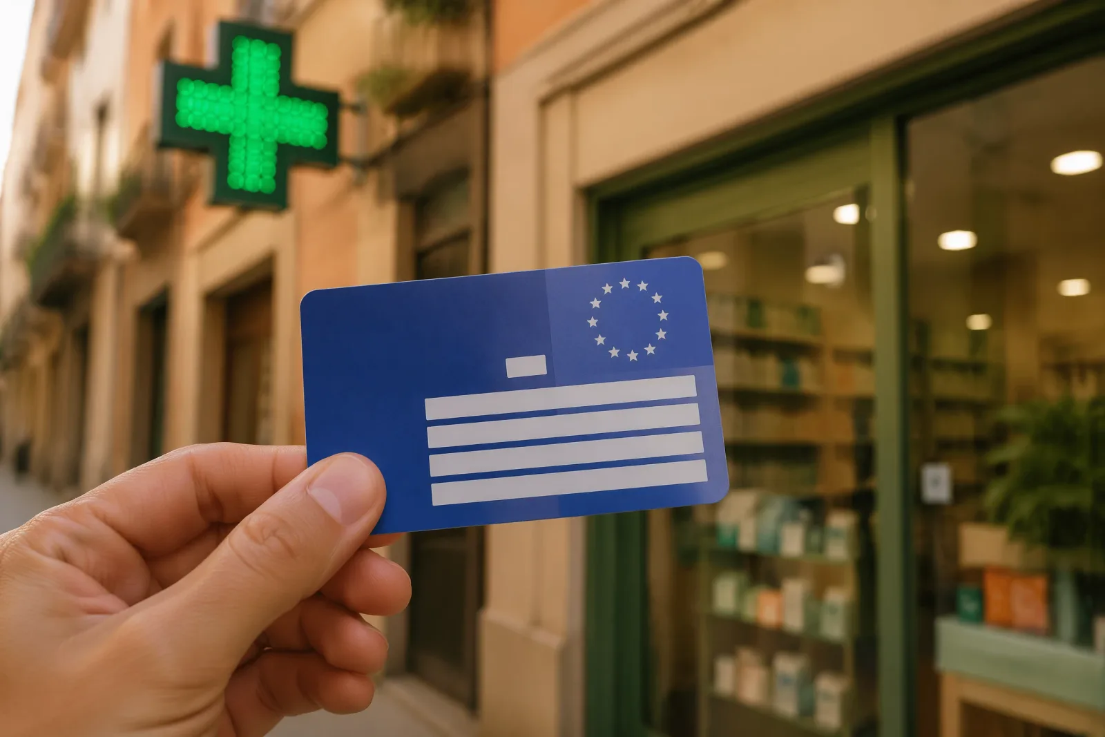 Gros plan sur une carte de santé publique SIP espagnole remise au comptoir d'une pharmacie