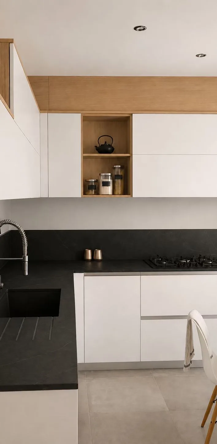 Kitchen with white units, oak shelving and a dark stone worktop