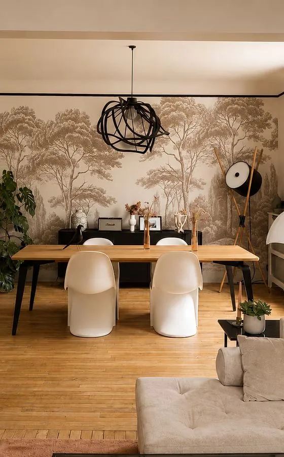 Dining room with a landscape wall mural, a black openwork pendant light, an oak table and white chairs