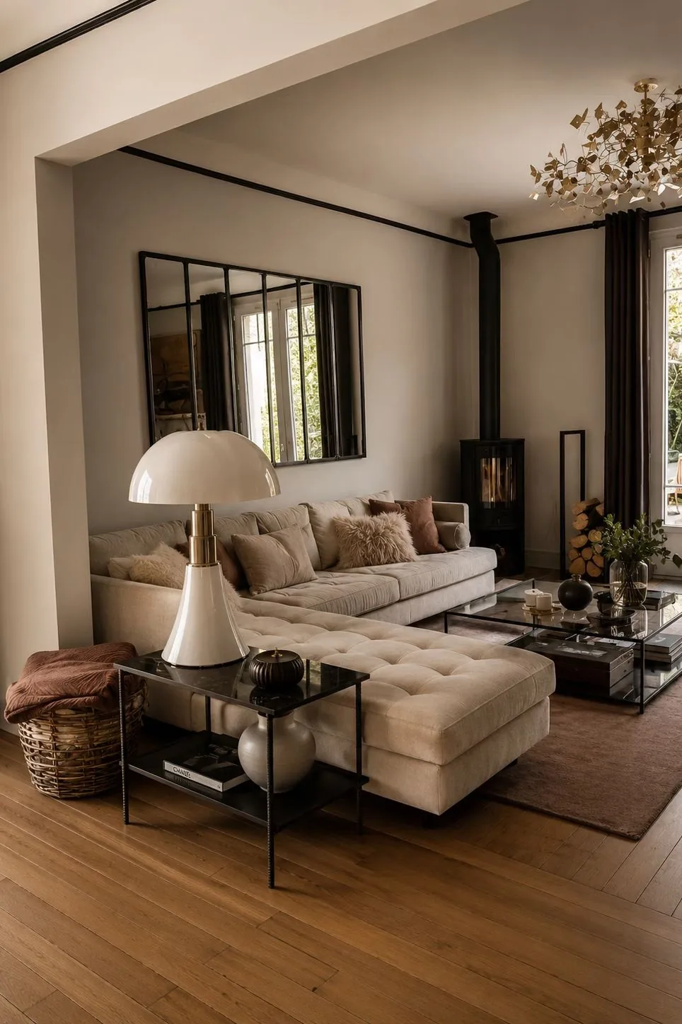 Living room with a beige corner sofa, a wooden floor, a black stove and a large black-framed mirror