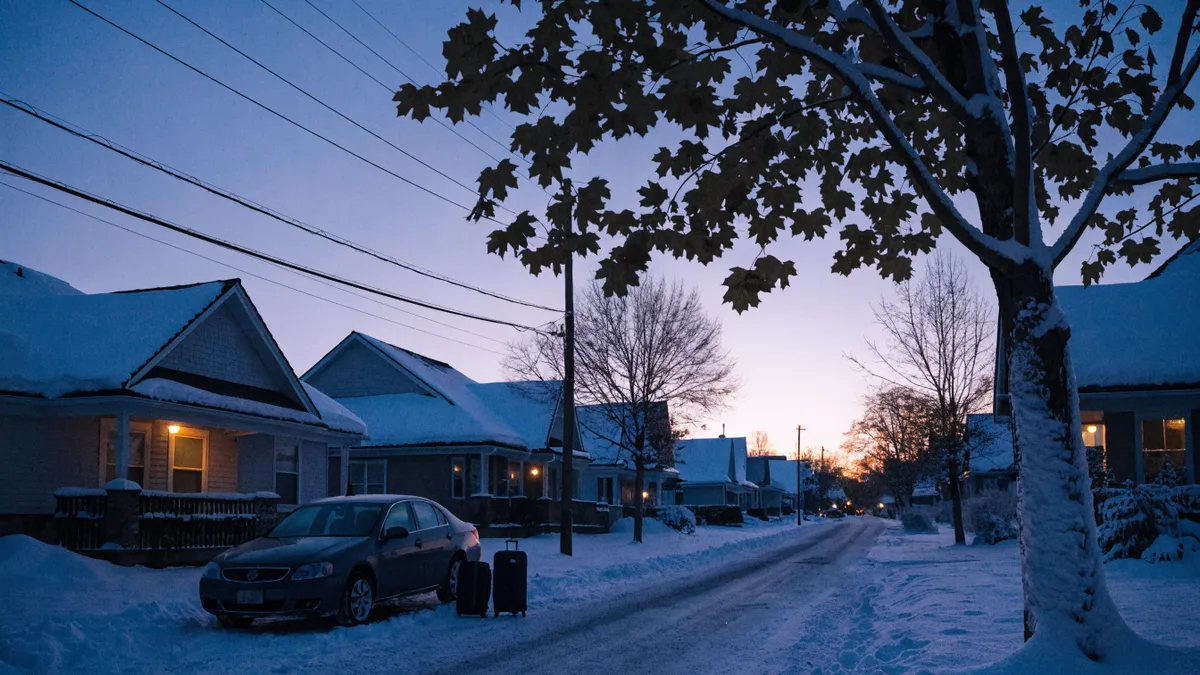 Valises sur une rue canadienne enneigée à l'heure bleue
