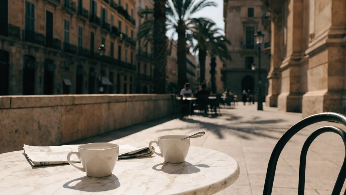 Coffee on a sunny Valencia plaza terrace in winter