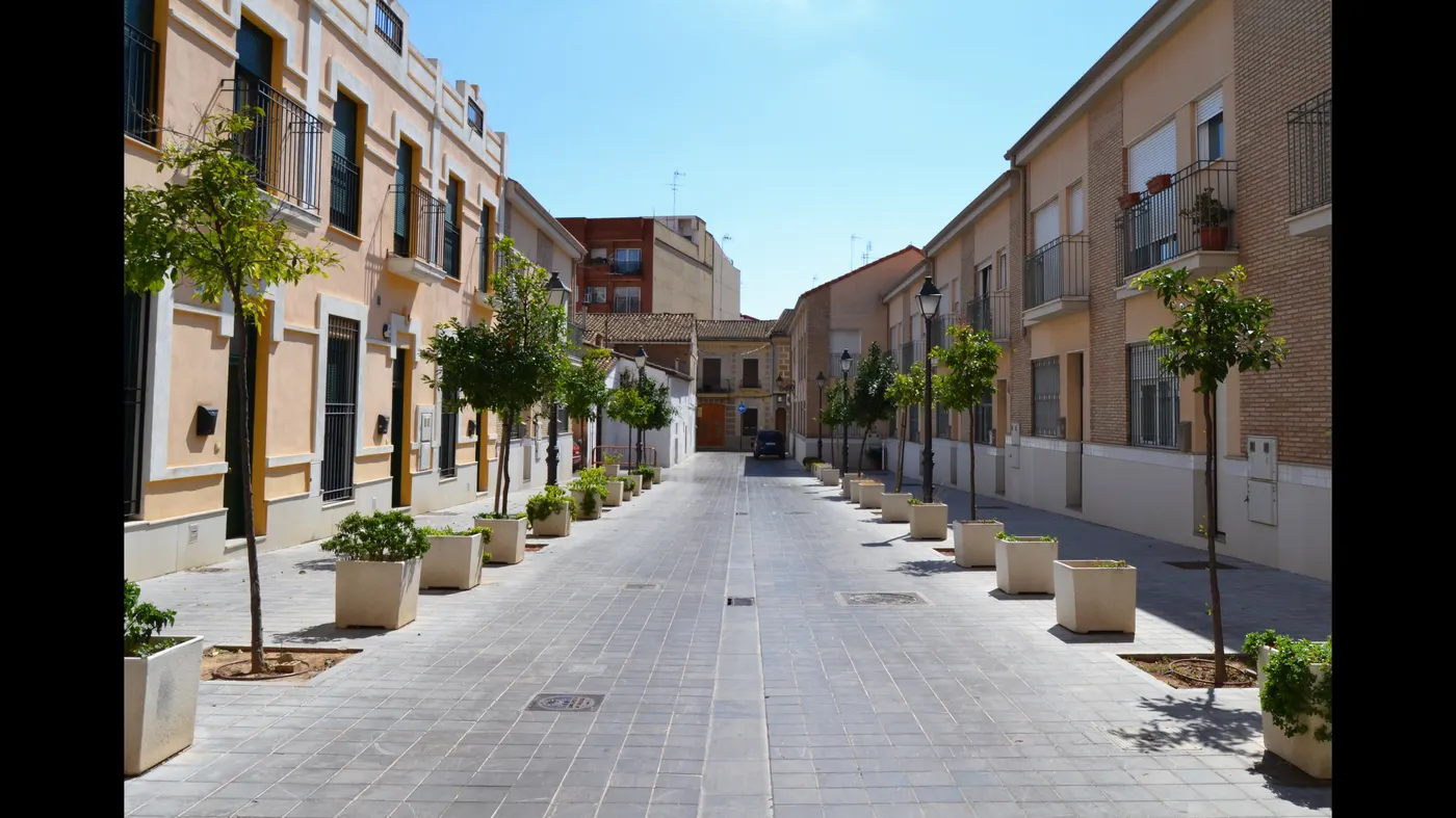 A quiet, renovated residential street in Campanar, an upscale Valencia neighborhood, lined with orange trees in planters