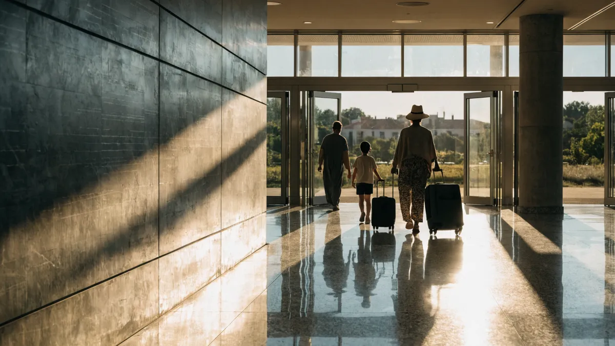 Family with suitcases walking through a bright airport arrivals hall
