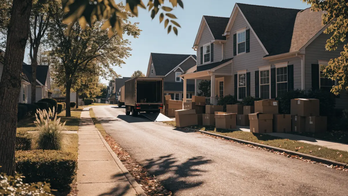 Moving truck and boxes outside an American suburban house