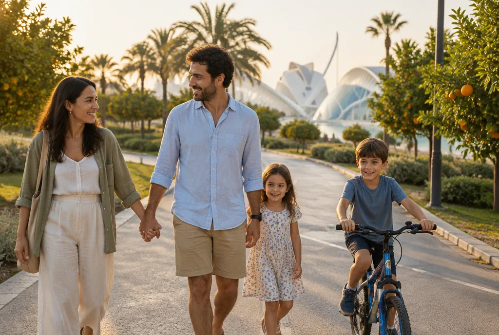 Familia paseando y montando en bici por los Jardines del Turia de Valencia al atardecer