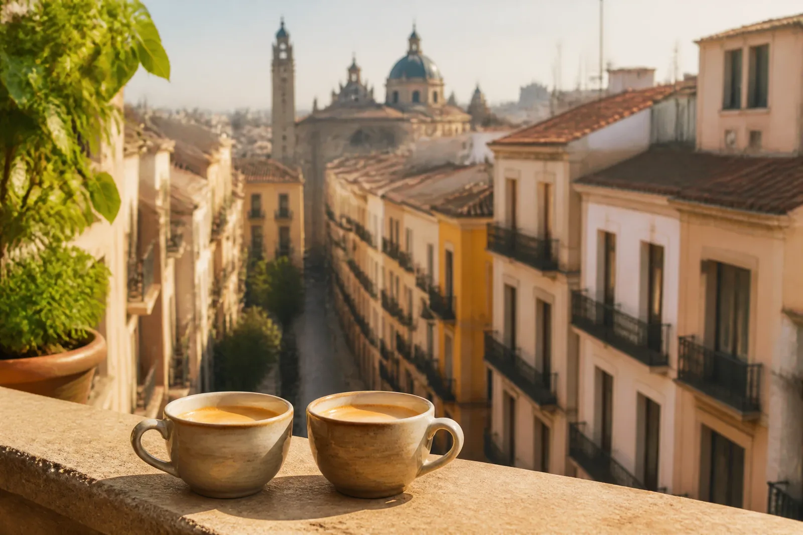 Un residente disfrutando de un café en un balcón soleado con vistas a una calle de Valencia por la mañana