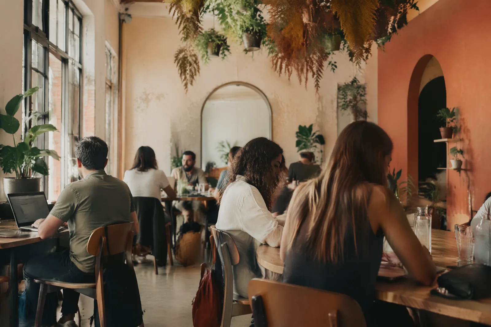 Recién llegados trabajando en un café de coworking lleno de plantas en el barrio de Ruzafa en Valencia