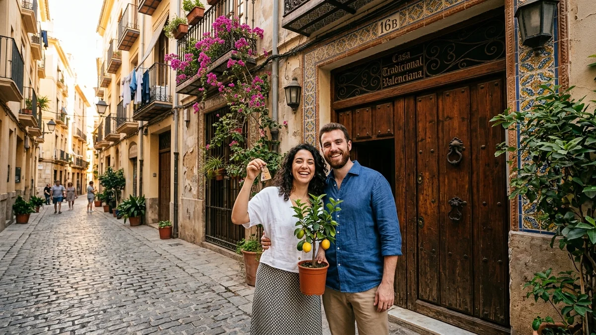Una pareja celebrando con las llaves de su nuevo hogar en el casco antiguo de Valencia, sosteniendo un limonero en maceta