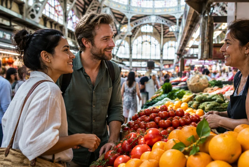 Recién llegados comprando naranjas y tomates en un mercado cubierto de Valencia