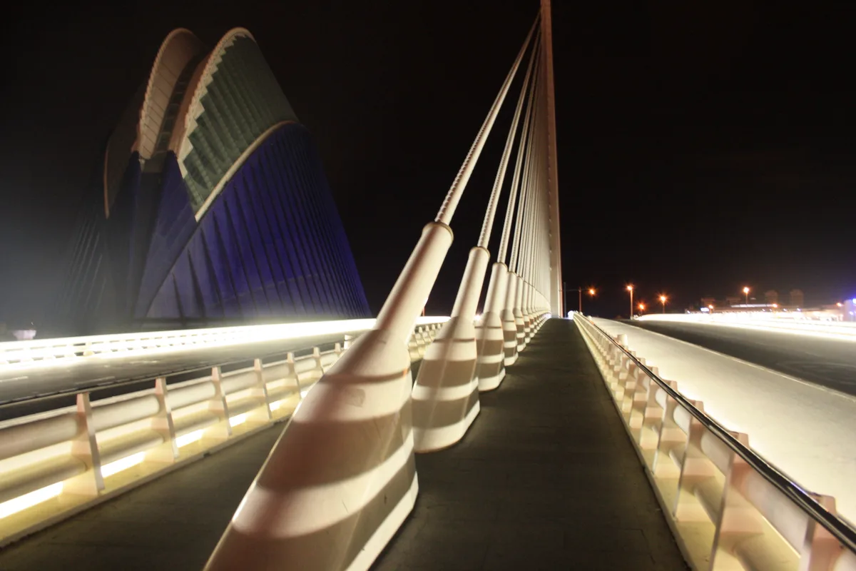 The Assut de l'Or bridge lit up at night near Camins al Grau, Valencia