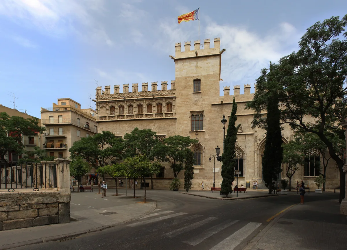 The main facade of La Llotja de la Seda, the Silk Exchange, in Ciutat Vella, Valencia