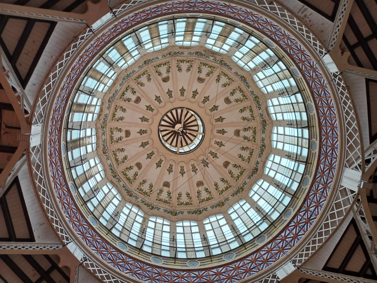 The domed interior of the Mercat Central, the Central Market, in El Mercat, Valencia