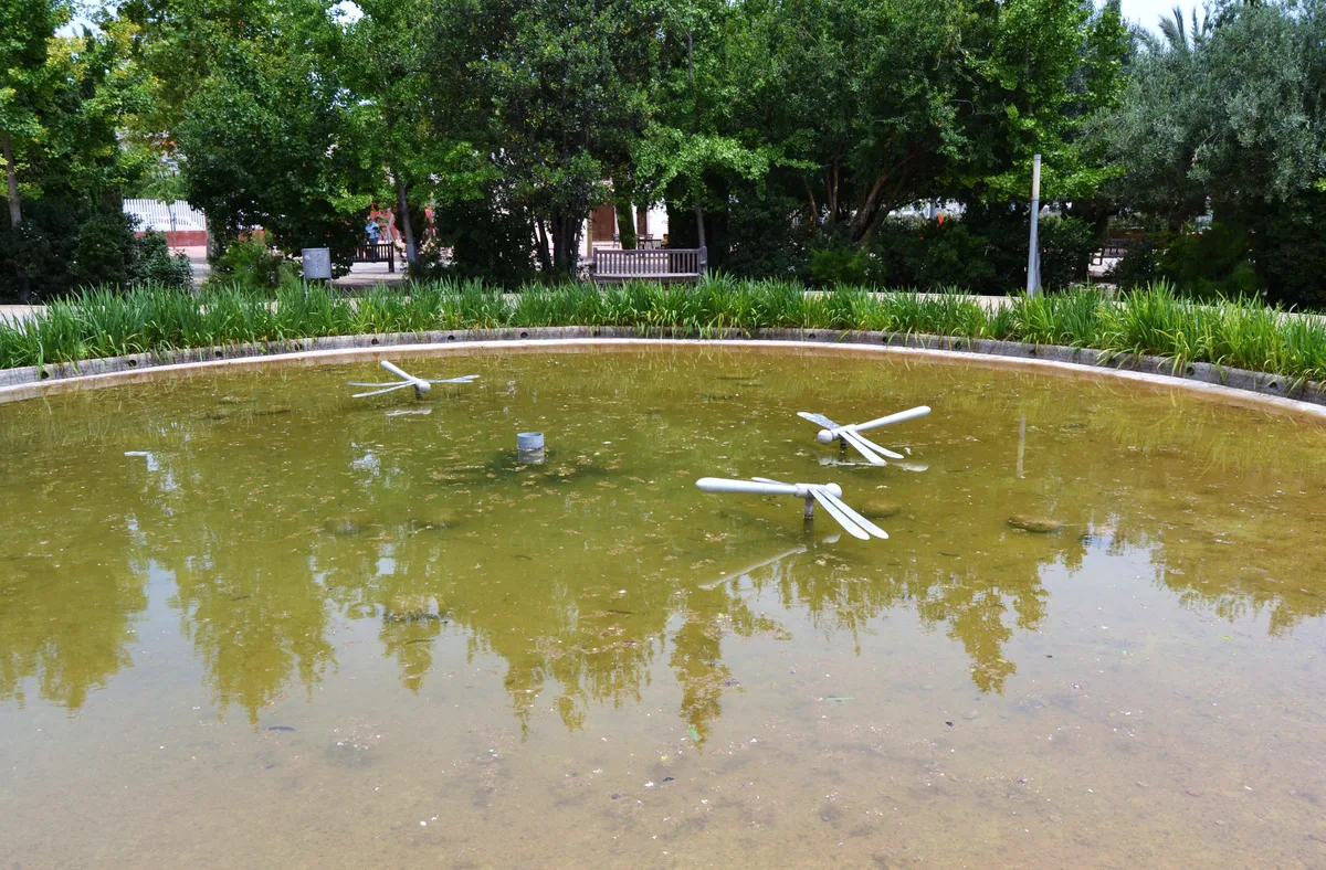 A pond with dragonfly sculptures in Parc de Marxalenes, Valencia