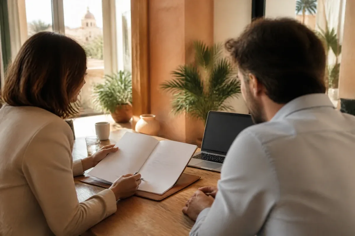 Un conseiller examinant les documents du Modelo 210 avec un client