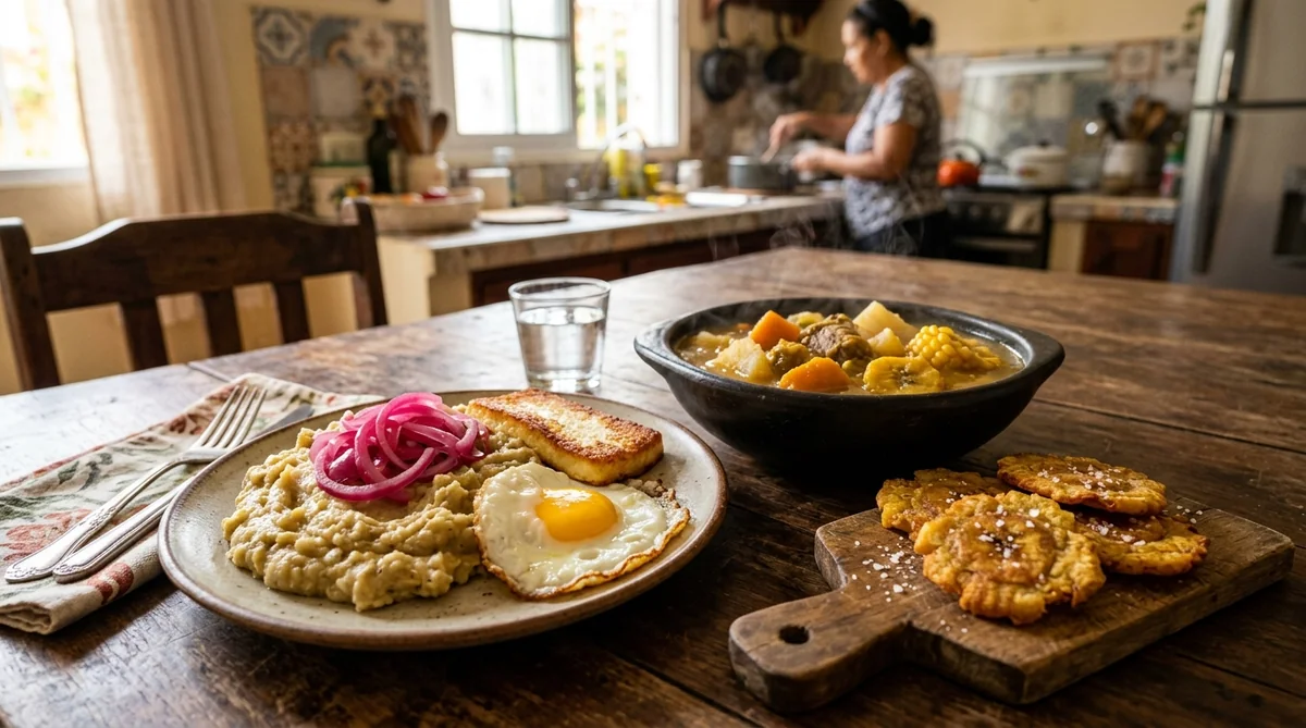 Comida casera dominicana con mangú, sancocho y tostones preparada por un chef privado en Valencia