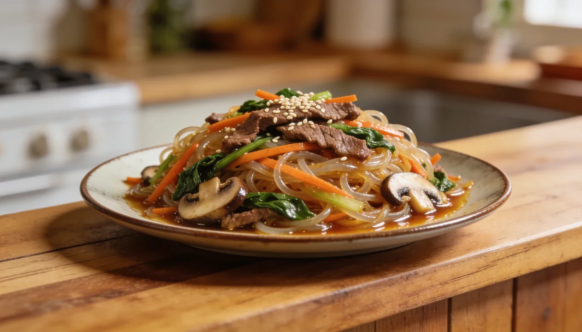 Japchae coreano, fideos salteados con verduras, preparado por un chef privado en Valencia