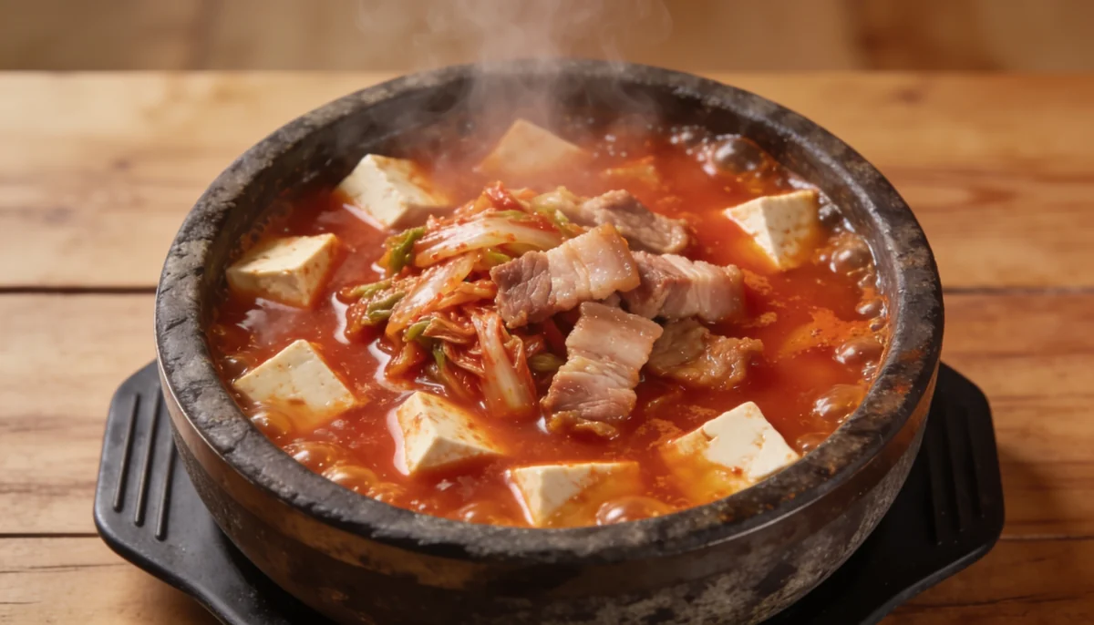 Kimchi jjigae coreano, guiso picante de kimchi fermentado, preparado por un chef privado en Valencia