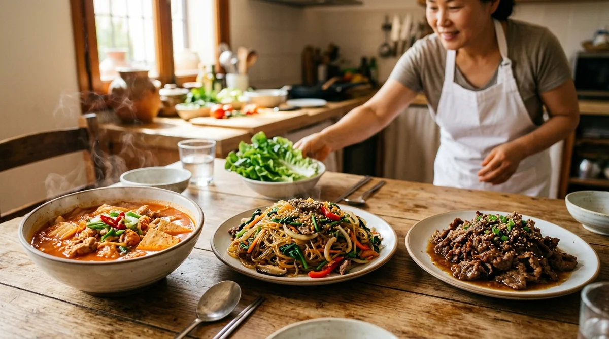 Comida casera coreana con bulgogi, japchae y kimchi jjigae preparada por un chef privado en Valencia