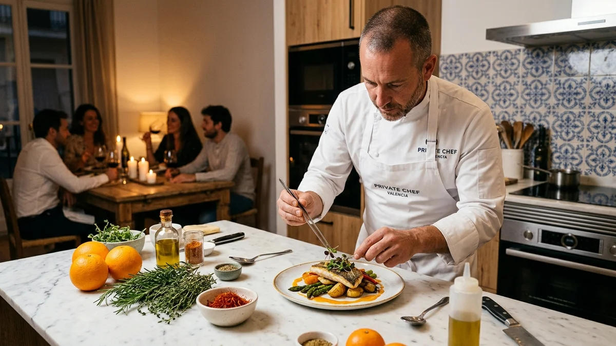 Chef privé à Valencia dressant un plat dans une cuisine à domicile pour un dîner, traiteur avec chef privé à Valencia