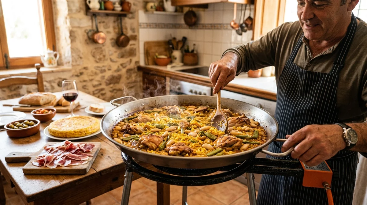 Authentique paella valenciana cuite au feu de bois par un chef privé