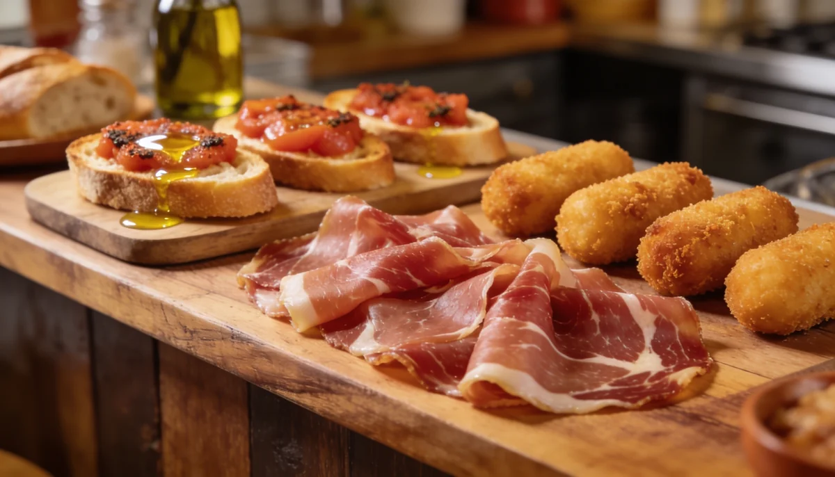 Tapas espagnoles au jamon avec croquetas et pan con tomate, préparées par un chef privé à Valencia