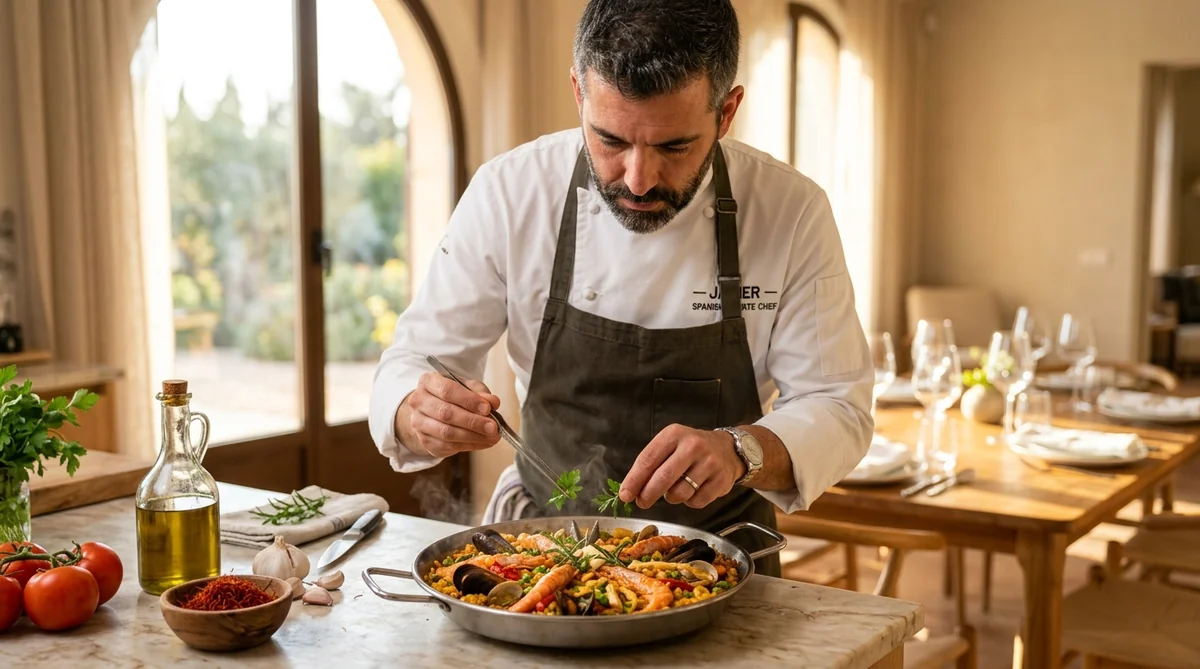 Chef privé espagnol servant un dîner en traiteur à Valencia