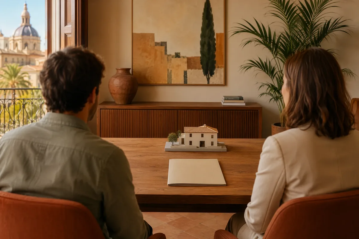 A couple reviewing a house model and documents with an advisor at a Valencia apartment table