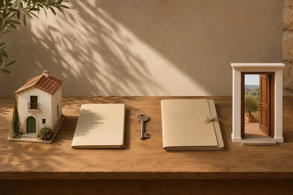 A model house, notebooks and an open door representing the property purchase timeline milestones