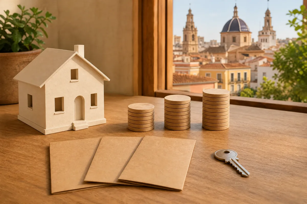 A model house, growing stacks of coins and documents with a Valencia skyline view, representing purchase costs
