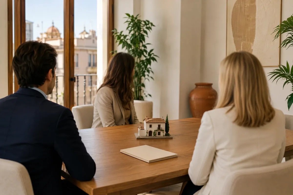 Three professionals meeting around a table with a model house, discussing a property purchase