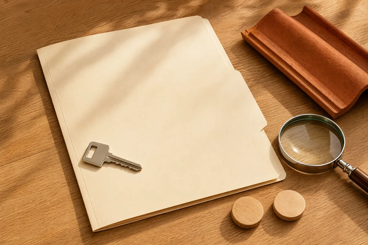 A property folder, key and magnifying glass on a table, representing legal due diligence