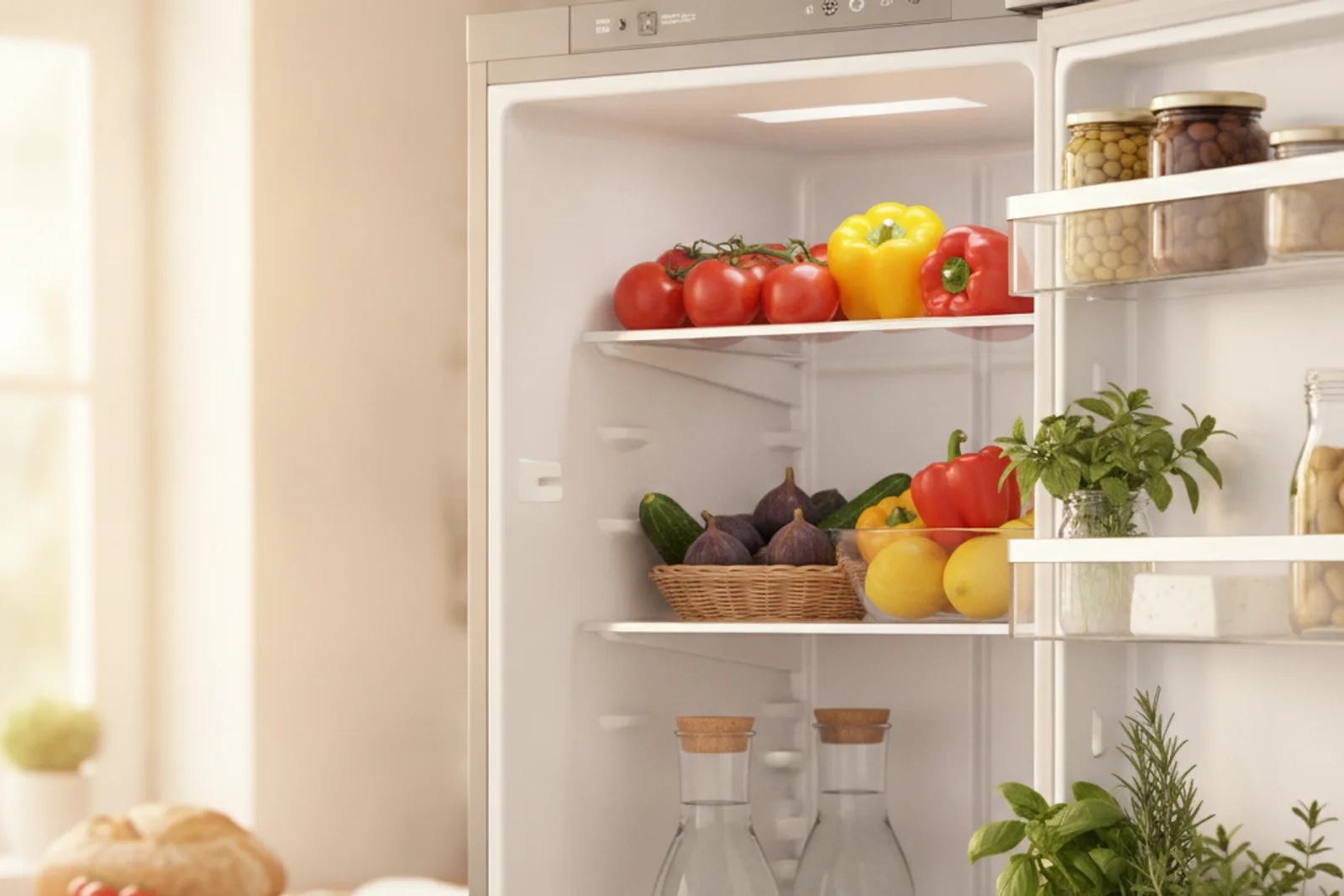 Un réfrigérateur ouvert fraîchement rempli de produits frais méditerranéens, d'herbes et de légumes dans une cuisine ensoleillée