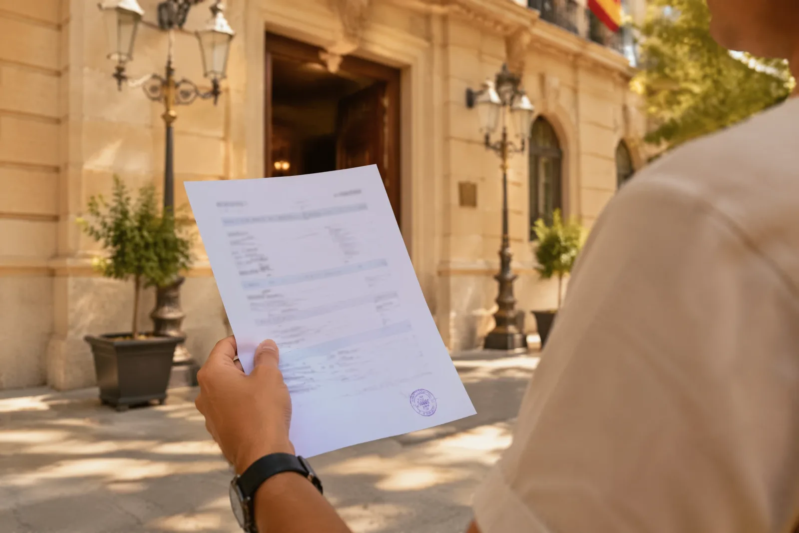Gros plan sur un document NIE en cours de traitement dans un bureau des étrangers espagnol
