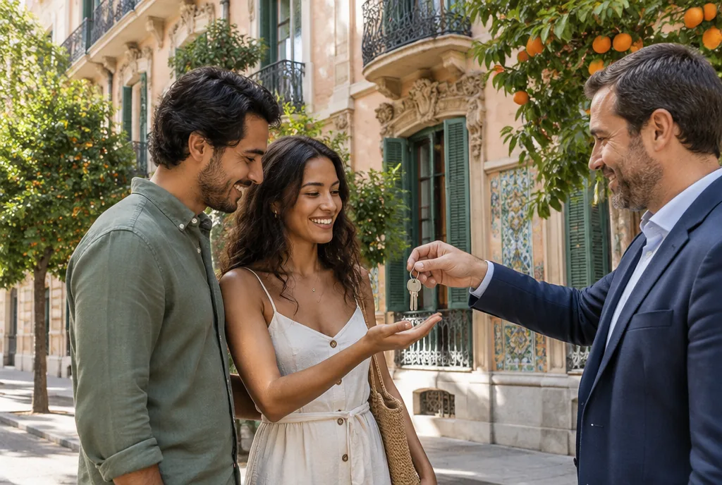 Pareja recibiendo las llaves de su nuevo piso en una calle de Valencia con naranjos