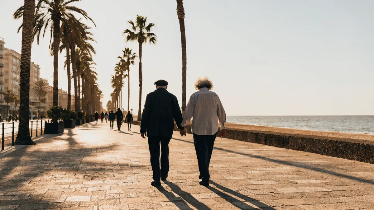 Older couple walking a Valencia beach promenade