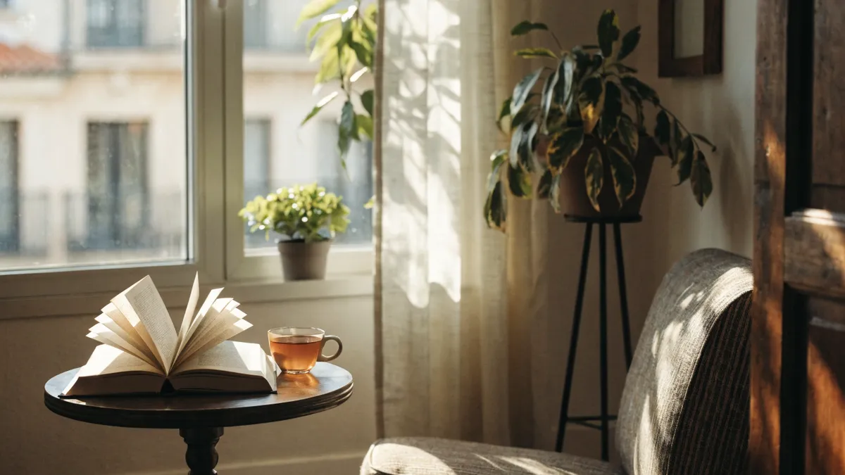 Peaceful sunlit reading nook with a book and tea