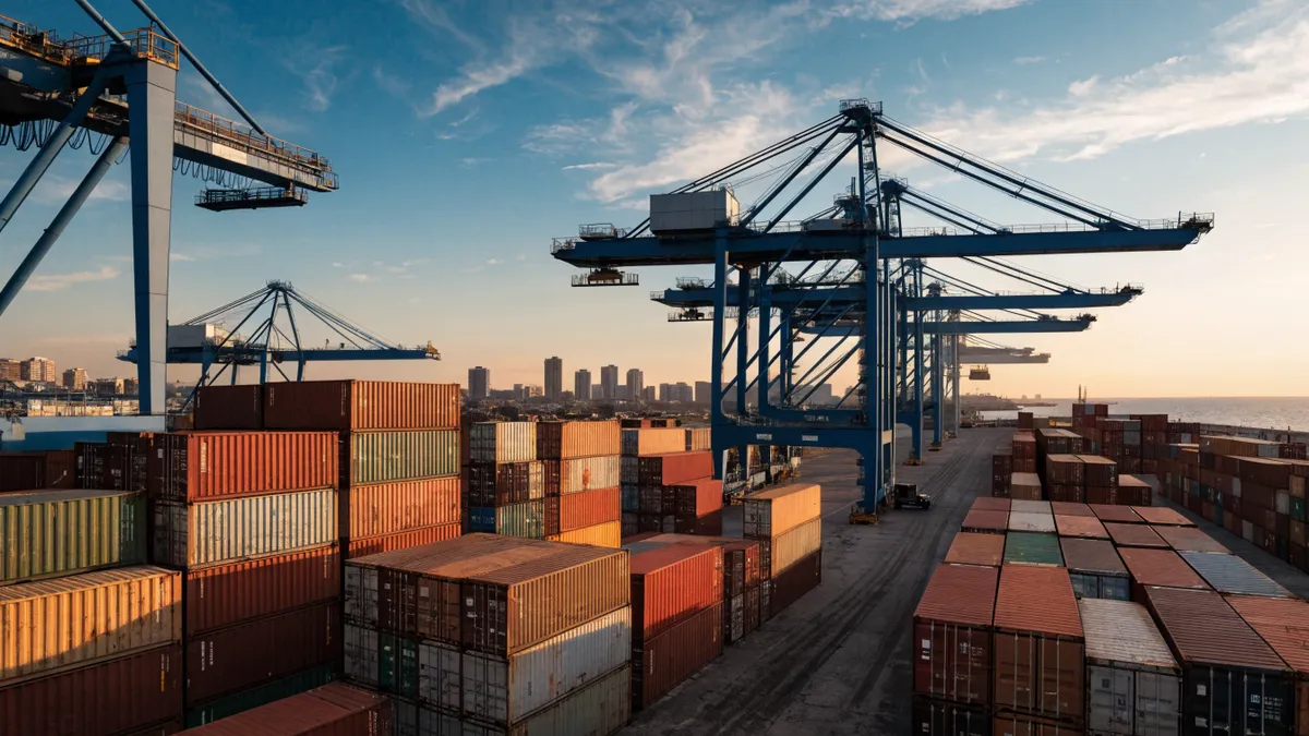 Containerkranen in een mediterrane haven tijdens het gouden uur