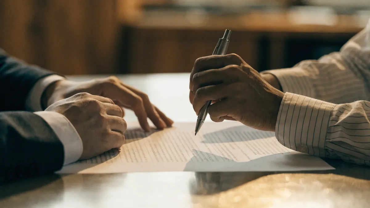 Handen die met een pen een geprint belastingoverzicht doornemen aan de tafel van een adviseur
