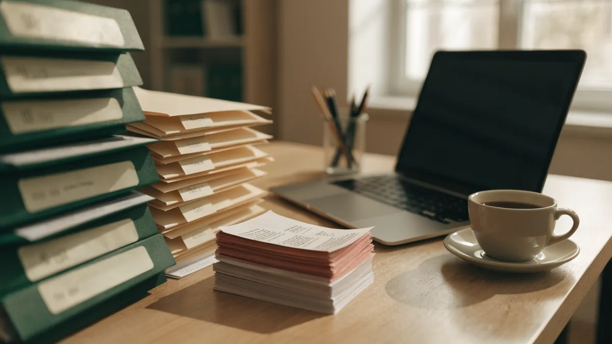 Opgeruimd bureau voor het belastingseizoen met mappen, een laptop en bonnetjes