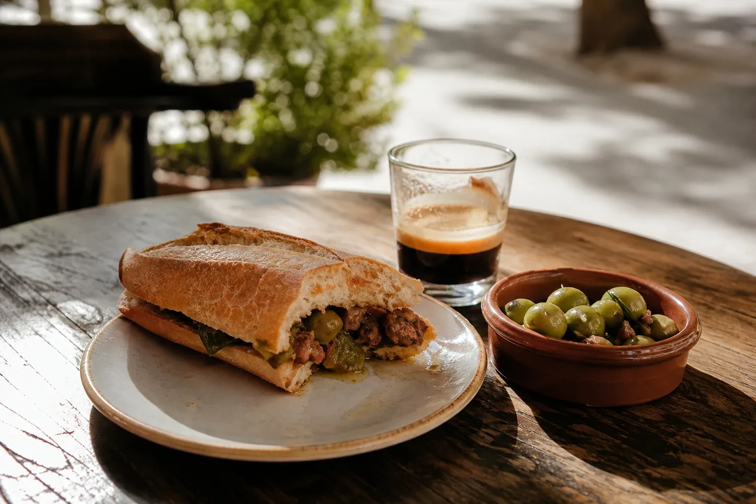 Un almuerzo tradicional con bocadillo, aceitunas y café en una mesa de terraza soleada en Valencia