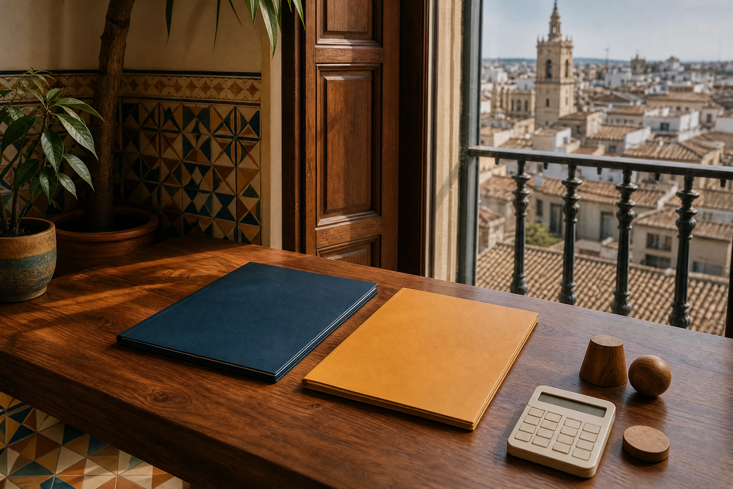 Two blank folders, deep blue and ochre, on a walnut planning table with a calculator and wooden decision tokens, Manises-style tiles and the Miguelete skyline in the background